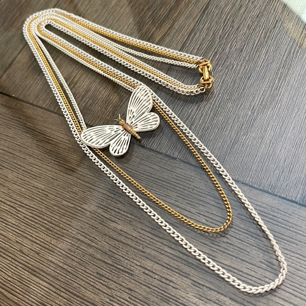Vintage Gold-tone & White Enamel Multi Chain Butterfly Necklace